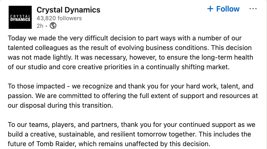 古墓丽影开发商Crystal Dynamics今年再次裁员