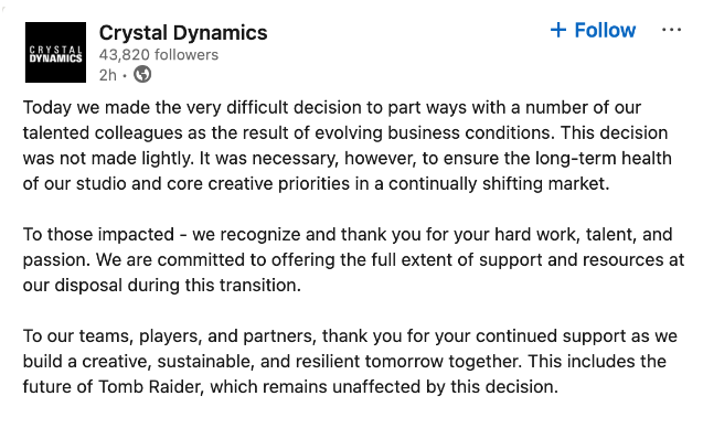 古墓丽影开发商Crystal Dynamics今年再次裁员